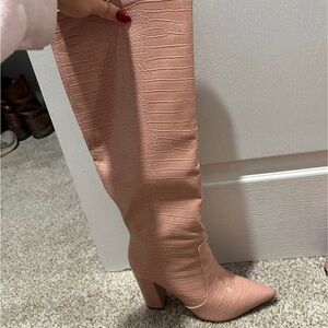 Pink Snakeskin Knee-High Boots